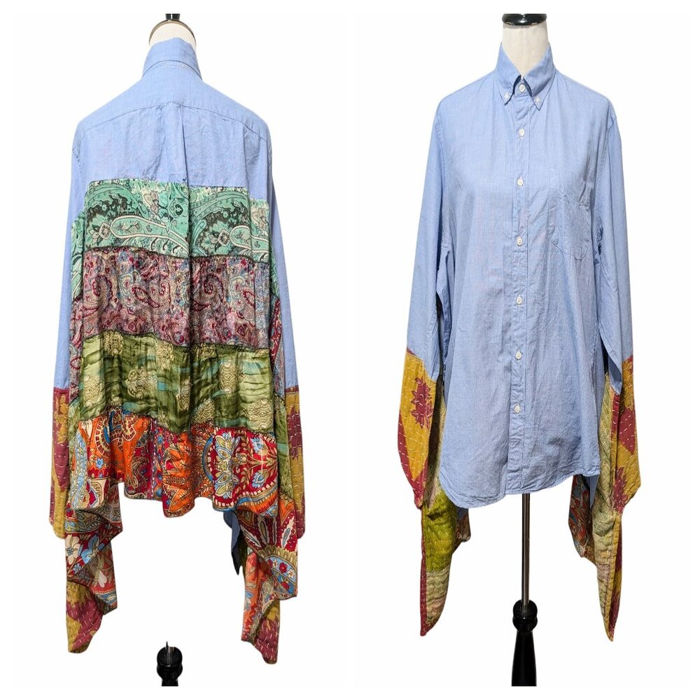 The Morgan Factory Womens OS Upcycled Mixed Media Button Kimono Sleeves Boho Top
